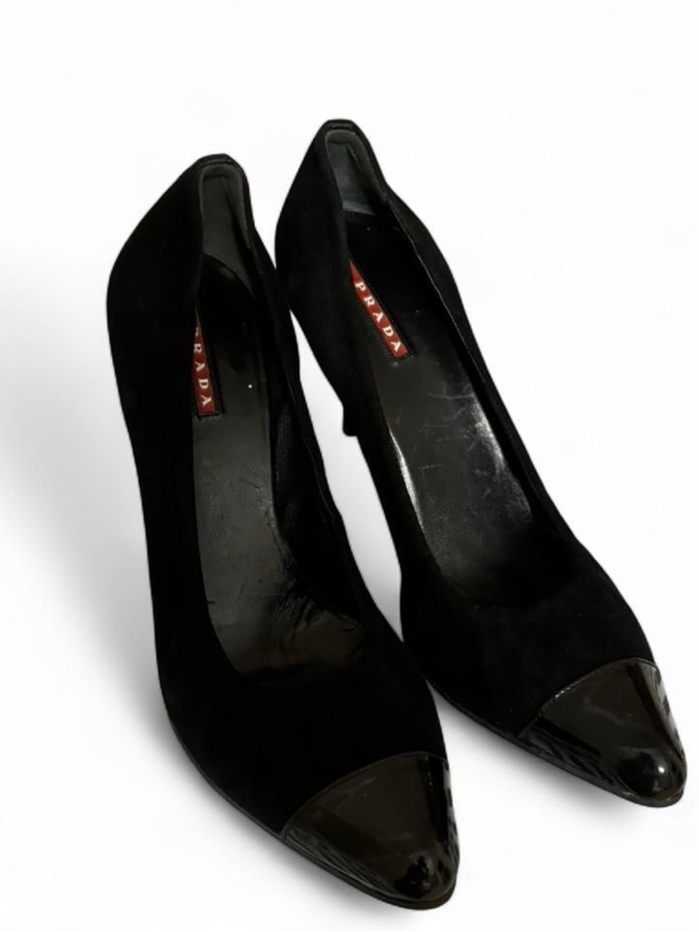 Prada Black Suede Pumps with Patent Black Cap Toe